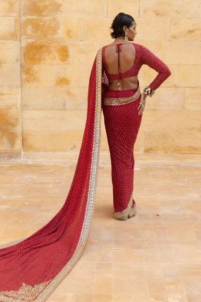 Trending Red Mirror Work Saree with Designer Blouse for Reception Wear Bollywood Fancy Sarees Wholesale