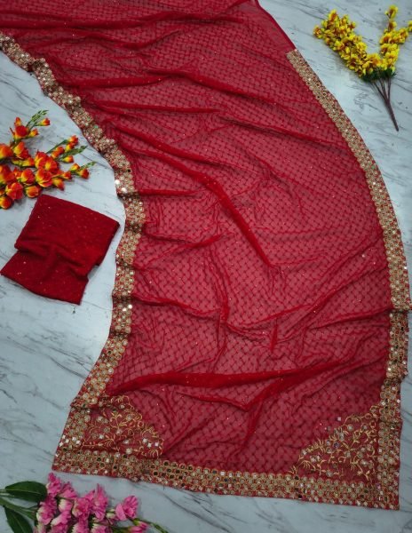 Trending Red Mirror Work Saree with Designer Blouse for Reception Wear Bollywood Fancy Sarees Wholesale