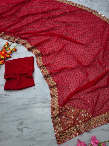 Trending Red Mirror Work Saree with Designer Blouse for Reception Wear Bollywood Fancy Sarees Wholesale