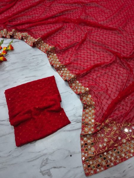 Trending Red Mirror Work Saree with Designer Blouse for Reception Wear Bollywood Fancy Sarees Wholesale