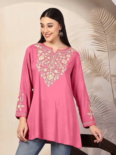 Trending Short Length Kurti with Embroidery Work For Regular Wear Tunics kurti