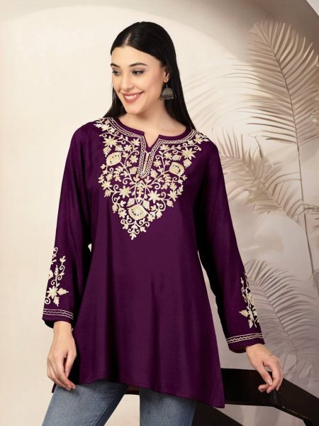 Trending Short Length Kurti with Embroidery Work For Regular Wear Tunics kurti