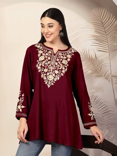 Trending Short Length Kurti with Embroidery Work For Regular Wear Tunics kurti