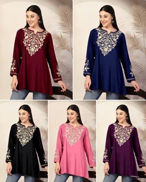 Trending Short Length Kurti with Embroidery Work For Regular Wear Tunics kurti