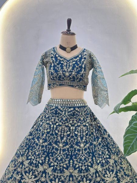 Trending Teal Blue Net Embroidery Sequence Coding Designer Work Lehenga Choli Bridal Lehenga Choli
