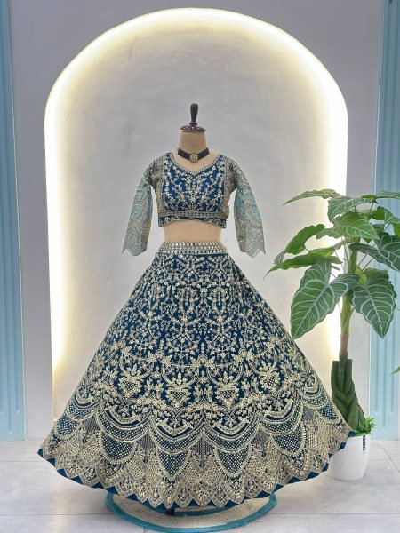 Trending Teal Blue Net Embroidery Sequence Coding Designer Work Lehenga Choli Bridal Lehenga Choli