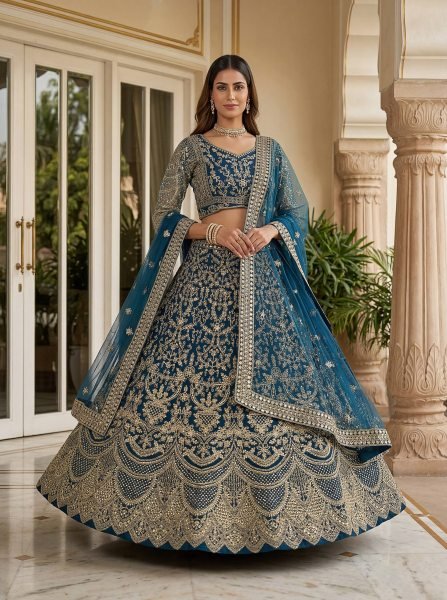 Trending Teal Blue Net Embroidery Sequence Coding Designer Work Lehenga Choli Bridal Lehenga Choli