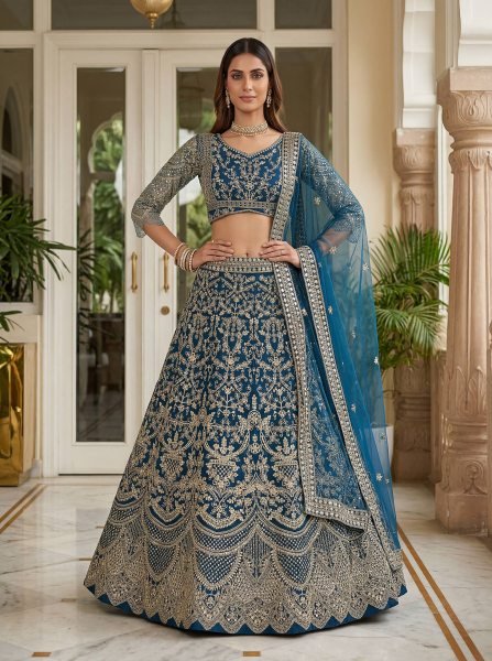 Trending Teal Blue Net Embroidery Sequence Coding Designer Work Lehenga Choli Bridal Lehenga Choli