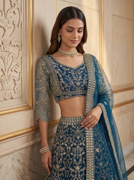 Trending Teal Blue Net Embroidery Sequence Coding Designer Work Lehenga Choli Bridal Lehenga Choli