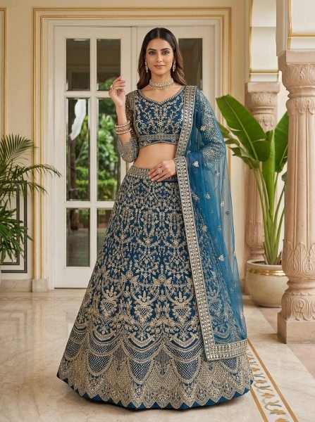 Trending Teal Blue Net Embroidery Sequence Coding Designer Work Lehenga Choli Bridal Lehenga Choli
