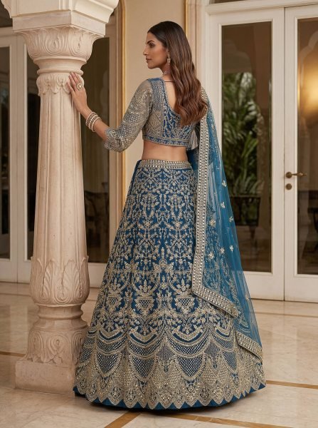 Trending Teal Blue Net Embroidery Sequence Coding Designer Work Lehenga Choli Bridal Lehenga Choli