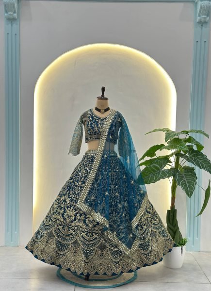 Trending Teal Blue Net Embroidery Sequence Coding Designer Work Lehenga Choli Bridal Lehenga Choli