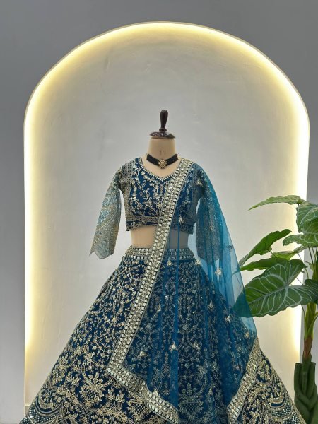 Trending Teal Blue Net Embroidery Sequence Coding Designer Work Lehenga Choli Bridal Lehenga Choli