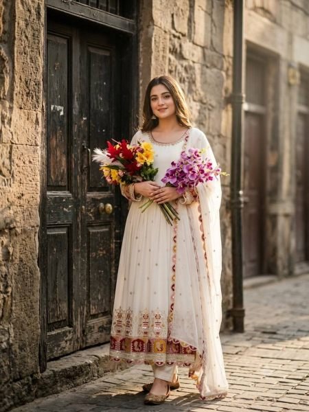 Trending White Blooming Georgette Gown with Embroidered Pant   Dupatta 