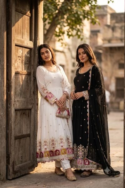 Trending White Blooming Georgette Gown with Embroidered Pant   Dupatta Ready To Wear Collection