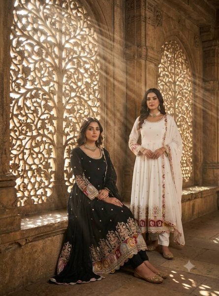 Trending White Blooming Georgette Gown with Embroidered Pant   Dupatta Ready To Wear Collection