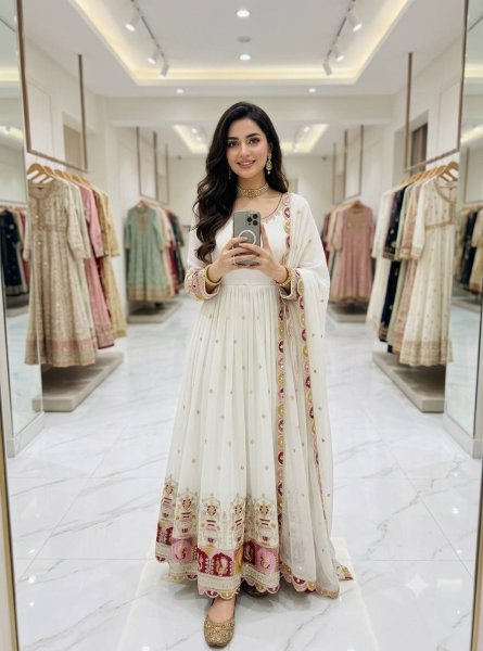 Trending White Blooming Georgette Gown with Embroidered Pant   Dupatta Ready To Wear Collection