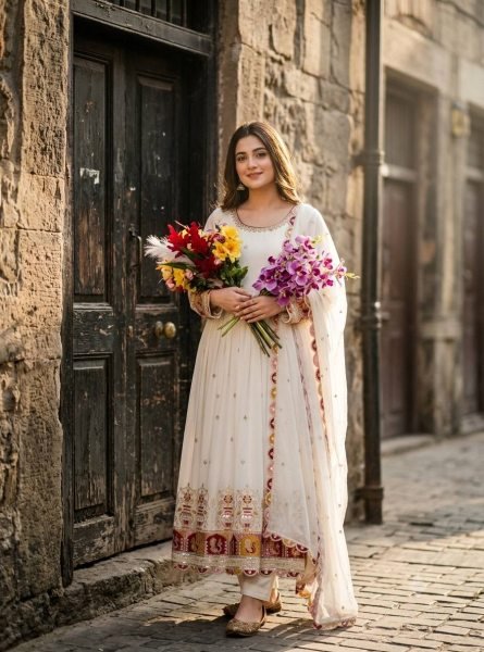Trending White Blooming Georgette Gown with Embroidered Pant   Dupatta Ready To Wear Collection