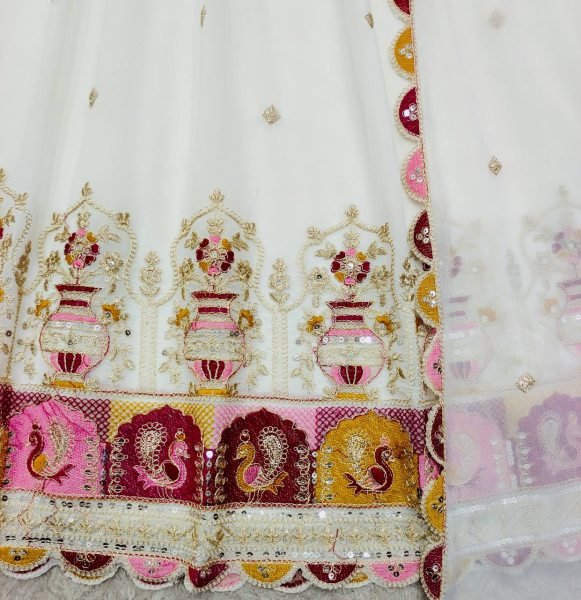 Trending White Blooming Georgette Gown with Embroidered Pant   Dupatta Ready To Wear Collection