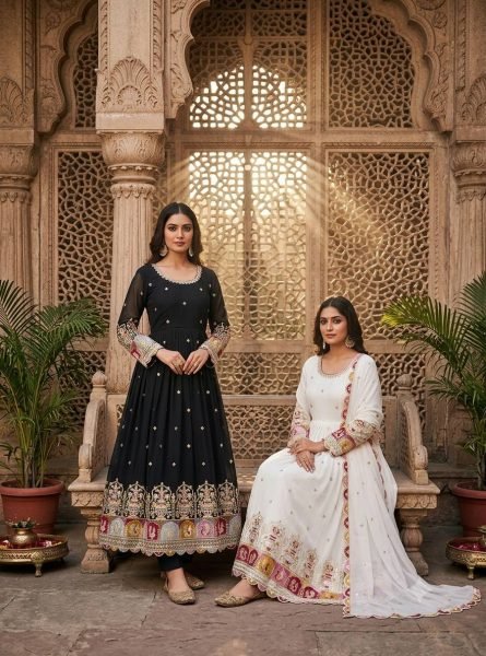 Trending White Blooming Georgette Gown with Embroidered Pant   Dupatta Ready To Wear Collection