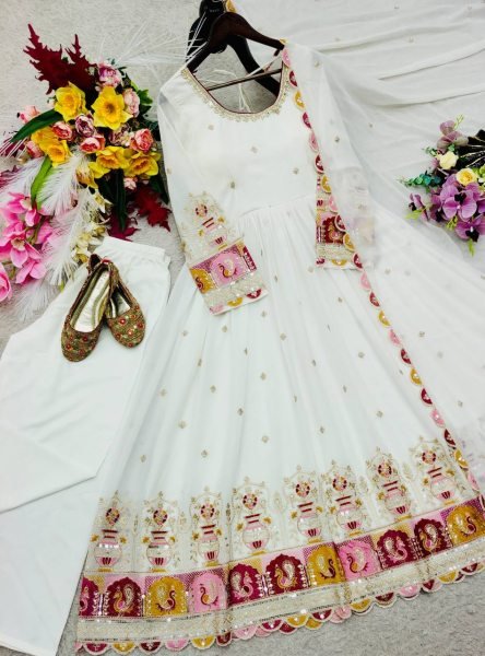 Trending White Blooming Georgette Gown with Embroidered Pant   Dupatta Ready To Wear Collection