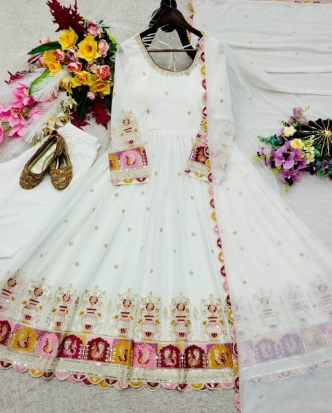 Trending White Blooming Georgette Gown with Embroidered Pant   Dupatta Ready To Wear Collection