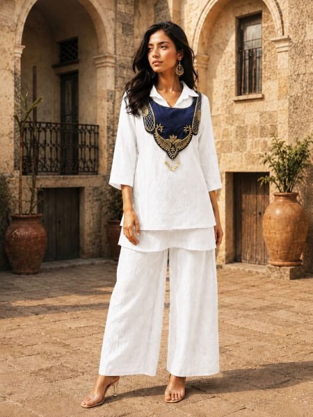 Trending White Crunchy Silk 3 Piece Kurti Palazzo Koti Set with Handwork at Factory Price Kurtis
