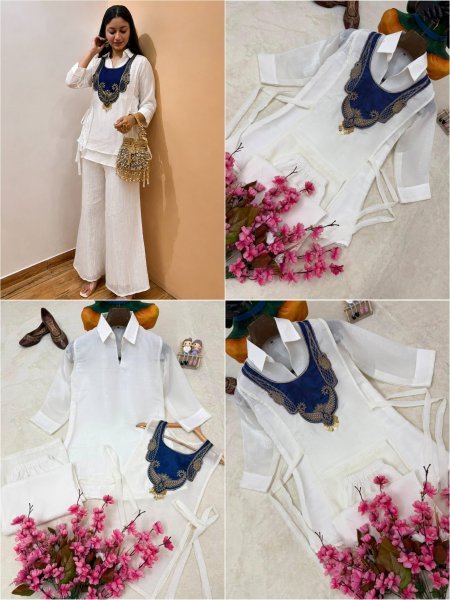 Trending White Crunchy Silk 3 Piece Kurti Palazzo Koti Set with Handwork at Factory Price CO ORD Sets