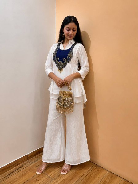 Trending White Crunchy Silk 3 Piece Kurti Palazzo Koti Set with Handwork at Factory Price CO ORD Sets