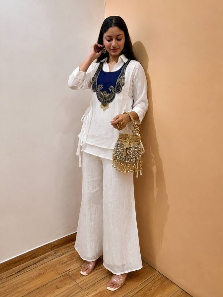Trending White Crunchy Silk 3 Piece Kurti Palazzo Koti Set with Handwork at Factory Price CO ORD Sets