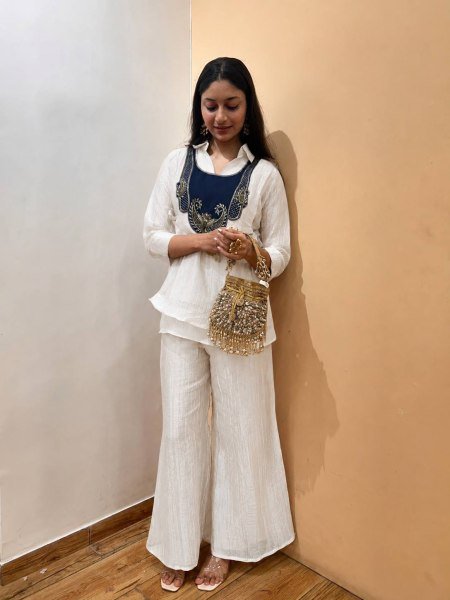 Trending White Crunchy Silk 3 Piece Kurti Palazzo Koti Set with Handwork at Factory Price CO ORD Sets