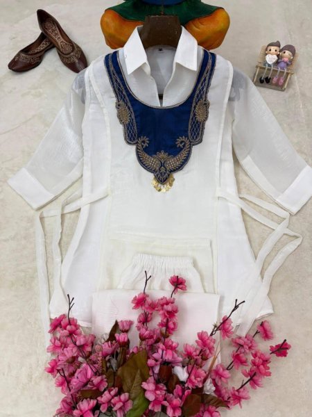 Trending White Crunchy Silk 3 Piece Kurti Palazzo Koti Set with Handwork at Factory Price CO ORD Sets