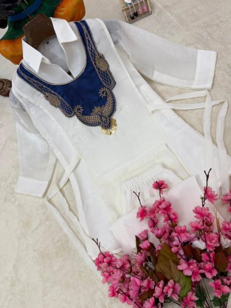 Trending White Crunchy Silk 3 Piece Kurti Palazzo Koti Set with Handwork at Factory Price CO ORD Sets