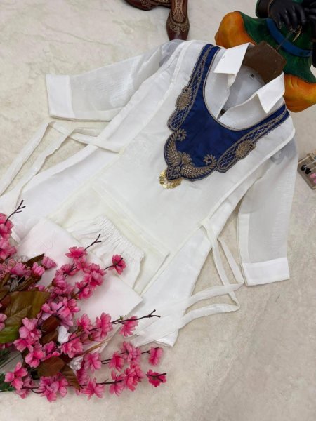 Trending White Crunchy Silk 3 Piece Kurti Palazzo Koti Set with Handwork at Factory Price CO ORD Sets