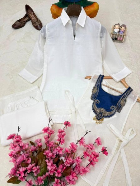 Trending White Crunchy Silk 3 Piece Kurti Palazzo Koti Set with Handwork at Factory Price CO ORD Sets
