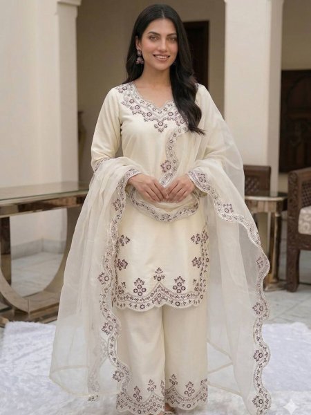 Trending White Embroidered Suit Set for Women Ethnic Wear Ready To Wear Suit