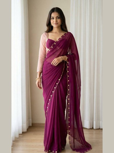 Trending Wine Bollywood Inspired Saree with Designer Blouse Sarees 