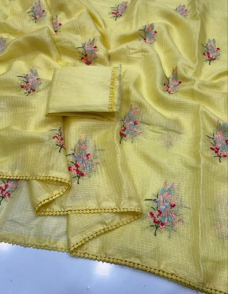 Trending Yellow Kota Doriya Saree with All Over Embroidery for Daily Wear Embroidery Sarees Wholesale