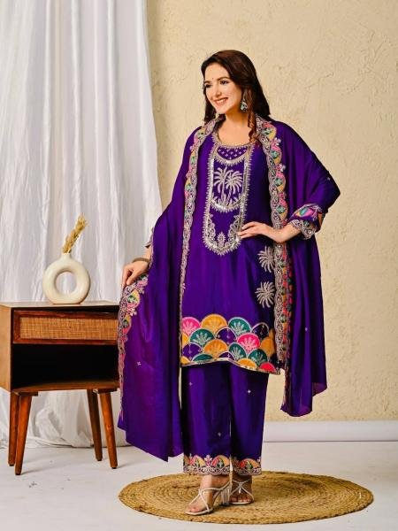 Trendsetting Heavy Chinon Silk Royal Purple Suit Set with Sequence Embroidery Work For Festival Ready To Wear Collection