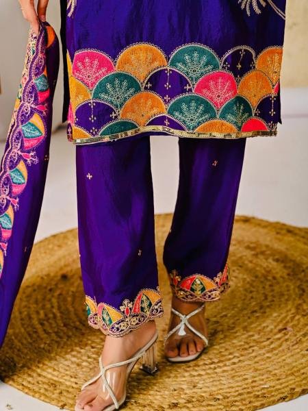 Trendsetting Heavy Chinon Silk Royal Purple Suit Set with Sequence Embroidery Work For Festival Ready To Wear Collection