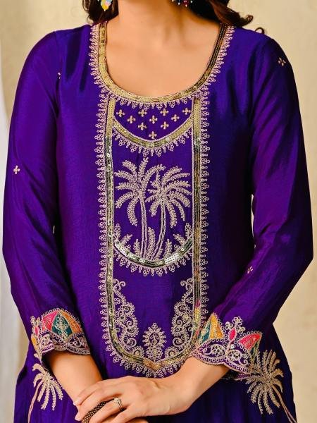 Trendsetting Heavy Chinon Silk Royal Purple Suit Set with Sequence Embroidery Work For Festival Ready To Wear Collection
