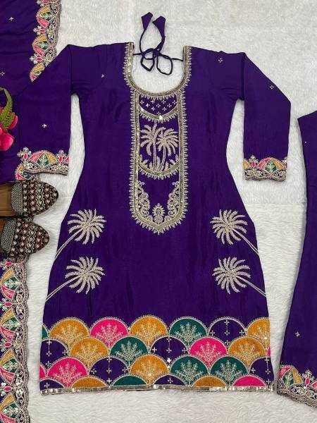 Trendsetting Heavy Chinon Silk Royal Purple Suit Set with Sequence Embroidery Work For Festival Ready To Wear Collection