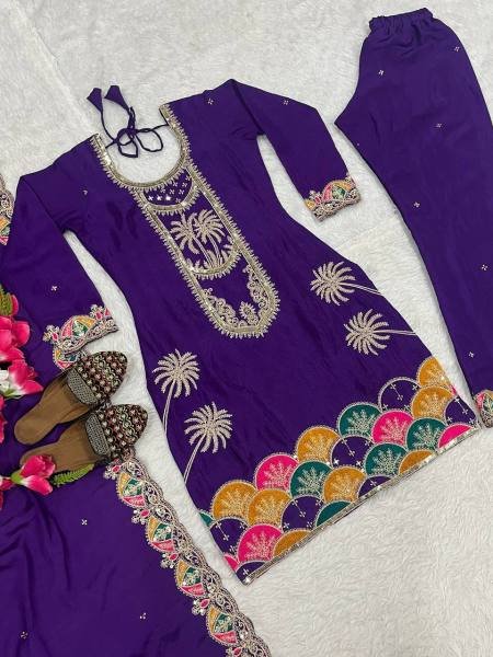 Trendsetting Heavy Chinon Silk Royal Purple Suit Set with Sequence Embroidery Work For Festival Ready To Wear Collection