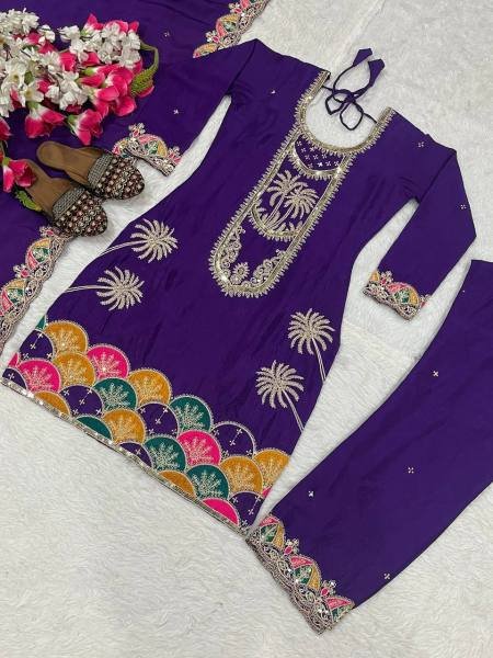 Trendsetting Heavy Chinon Silk Royal Purple Suit Set with Sequence Embroidery Work For Festival Ready To Wear Collection