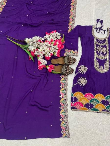 Trendsetting Heavy Chinon Silk Royal Purple Suit Set with Sequence Embroidery Work For Festival Ready To Wear Collection