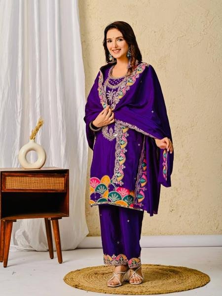 Trendsetting Heavy Chinon Silk Royal Purple Suit Set with Sequence Embroidery Work For Festival Ready To Wear Collection