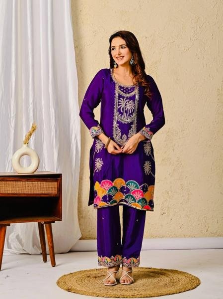 Trendsetting Heavy Chinon Silk Royal Purple Suit Set with Sequence Embroidery Work For Festival Ready To Wear Collection