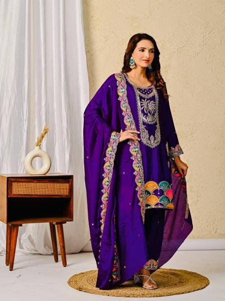 Trendsetting Heavy Chinon Silk Royal Purple Suit Set with Sequence Embroidery Work For Festival Ready To Wear Collection