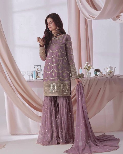 Trendsetting Lavender 3 Piece  Embroidery Sequence Work Sharara Suit  for  Party Wear for Bulk Buyers  Ready To Wear Collection
