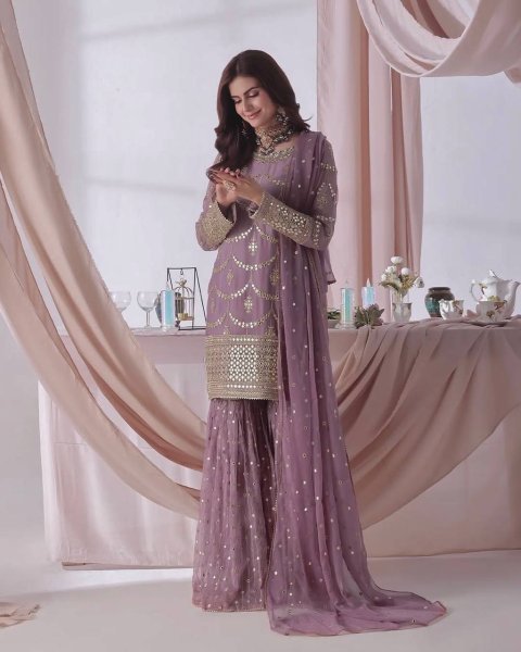 Trendsetting Lavender 3 Piece  Embroidery Sequence Work Sharara Suit  for  Party Wear for Bulk Buyers  Ready To Wear Collection